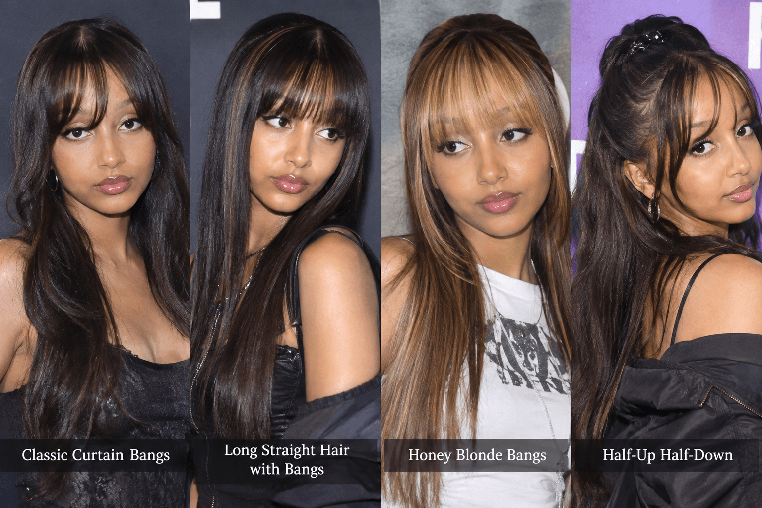 PinkPantheress' Hairstyles:Classic Curtain Bangs, Long Straight Hair with Bangs, Honey Blonde Bangs , Half-Up Half-Down