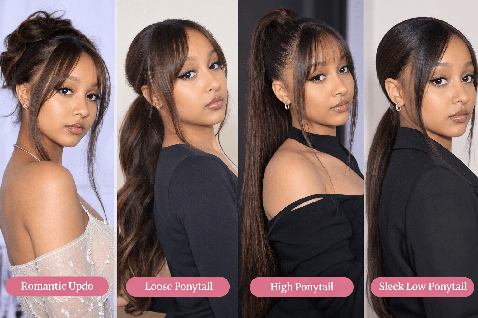 PinkPantheress' Hairstyles:Romantic Updo, Loose Ponytail, High Ponytail,Sleek Low Ponytail