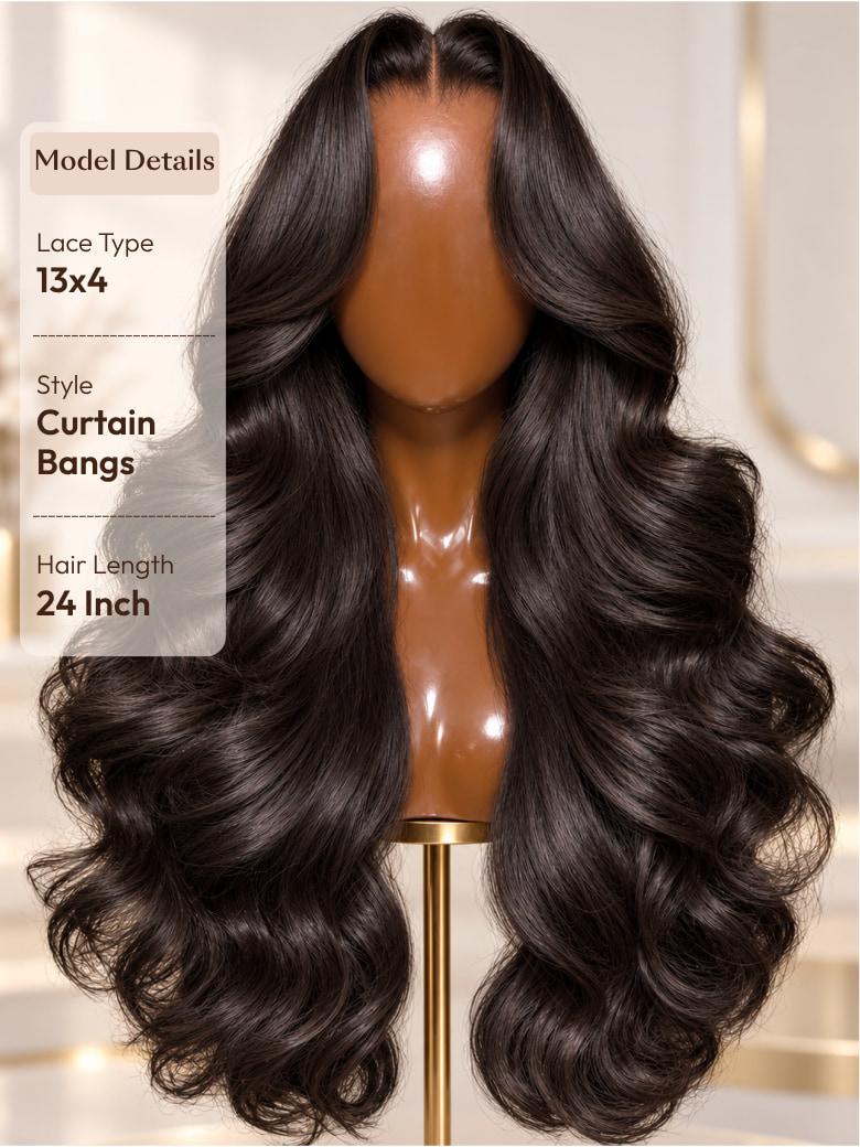 13x4 Face Framing Curtain Bangs Pre-Everything Pull And Go Drawstring Loose Wave Wig
