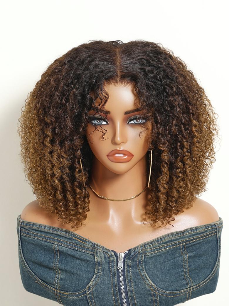 Sunber Ombre Caramel Brown Highlights 7x5 No Slip Lace Wig Afro Kinky Curly with Finger Coil Ends