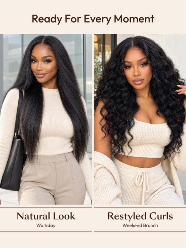 Sunber  Kinky Straight V Part Wigs Versatile No Leave Out Human Hair Wig With Invisi Drawstring