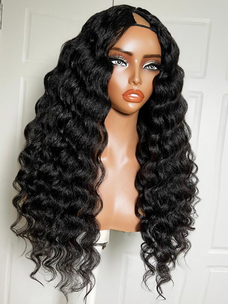 Sunber Kinky Straight And Wand Curly V Part Wig With Invisi Drawstring