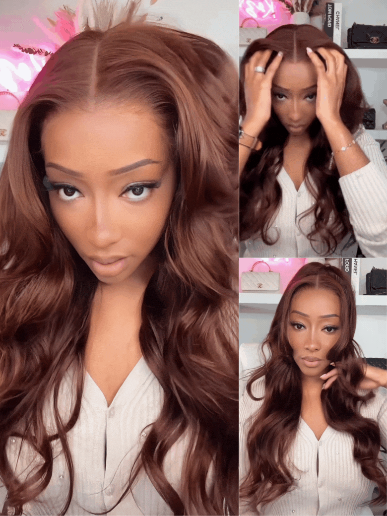 Sunber Body Wave Shake And Go Wigs 150% Density Reddish Brown 7x5 Bye Bye Knots Pre-Cut Lace Human Hair Wigs With Pre-Plucked